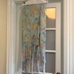 Asymmetrical skirt with ruffle high/low  viscose lined zipper elastic waist